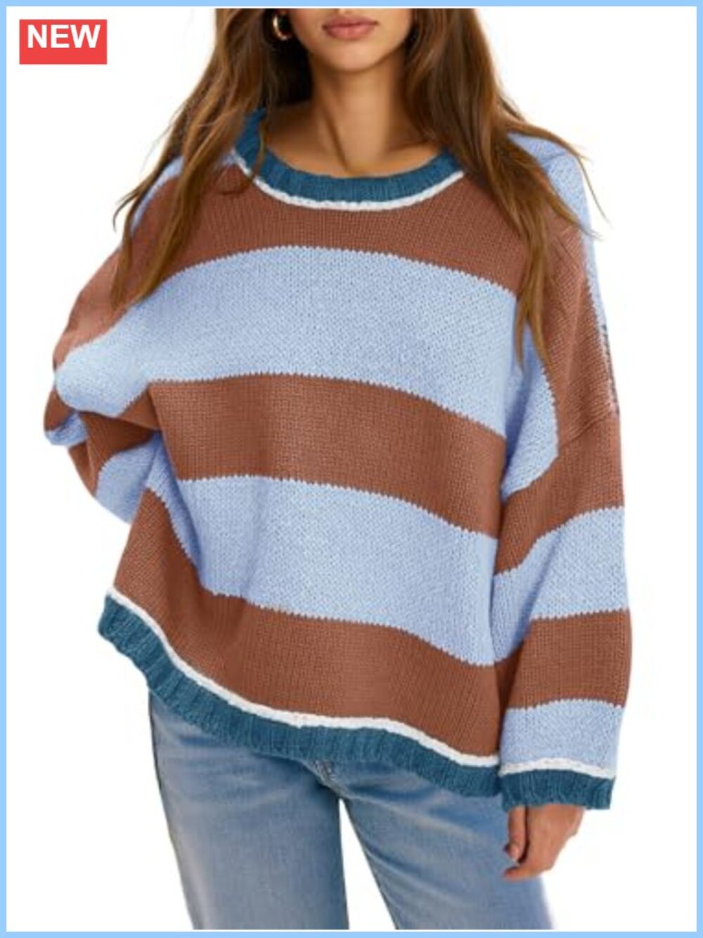 Oversized Striped Color Block Crewneck Knitted Long Sleeve Pullover Sweater
